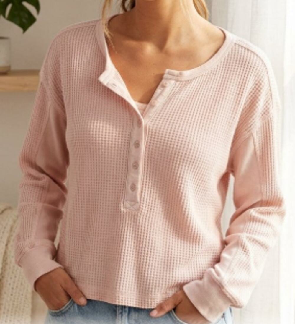 Aerie Pink Waflle Knit Cropped Henley sz S
